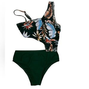 Swimwear One Piece Womens XS Teen Hawaiian Floral Print Green One Shoulder Beach